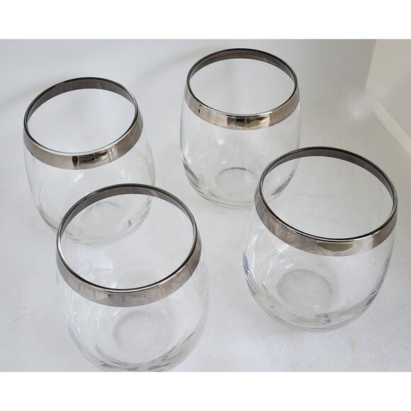 WINE GLASSES-STEMLESS-Clear Glass With Silver Rims-Rounded-Set of 4 - Picture 7 of 9